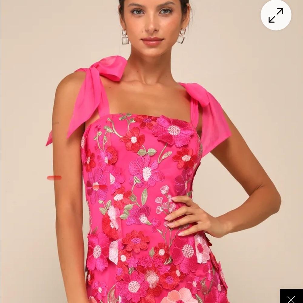 Lulu's Hot Pink Floral Embroidered Mini Dress